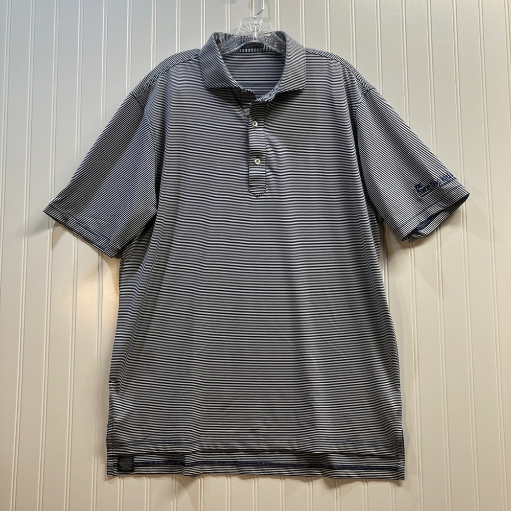Turtleson Mens Large Navy White Striped Performance Golf Polo Fore The Kids Logo